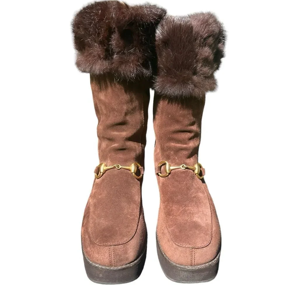 GUCCI Horsebit Gold Accent Boots Brown Suede Fur Cuff And Lined Platform Size 5